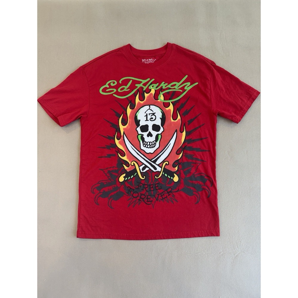 Ed Hardy Love Free Forever T Shirt Men's Small Red Heavy Blank Skull Graphic
